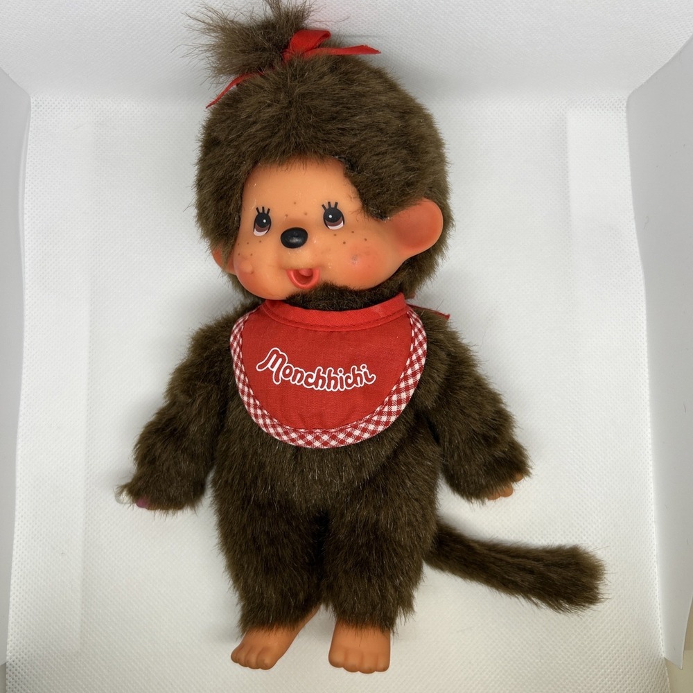 Vintage Monchhichi Monkey Boy Sekiguchi 7" Brown Doll Red Bib Holding Bottle